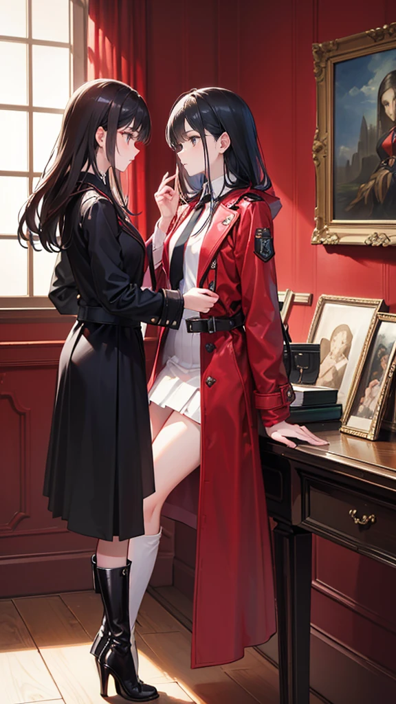 ((Best masterpiece, Perfect quality, Ultra detailed)), ((Profile)), A skinny slender girl with small bust, Wearing a red leather long-coat, Wearing a white y-shirt with red tie, Wearing a gathered black fabric skirt, Wearing a black leather over-knee long-boots, Antique world, European interior