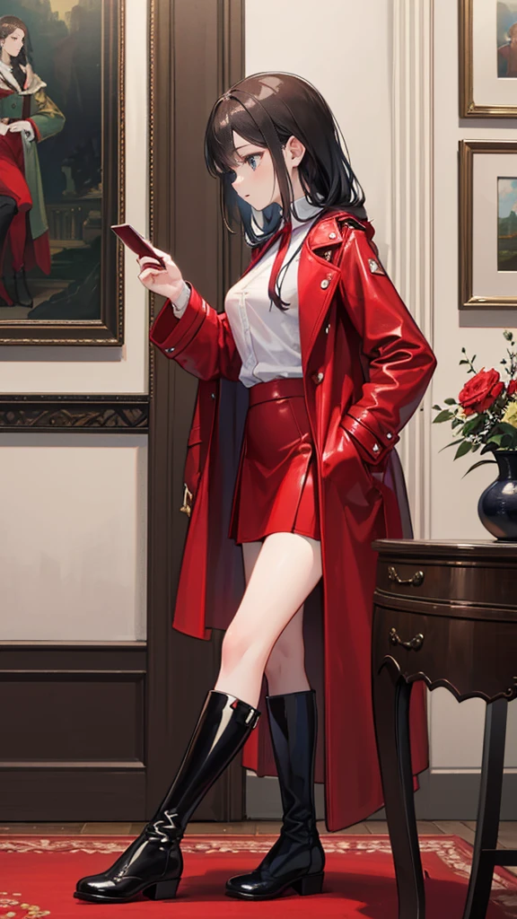 ((Best masterpiece, Perfect quality, Ultra detailed)), ((Profile)), A skinny slender girl with small bust, Wearing a red leather long-coat, Wearing a white y-shirt with red tie, Wearing a gathered black fabric skirt, Wearing a black leather over-knee long-boots, Antique world, European interior