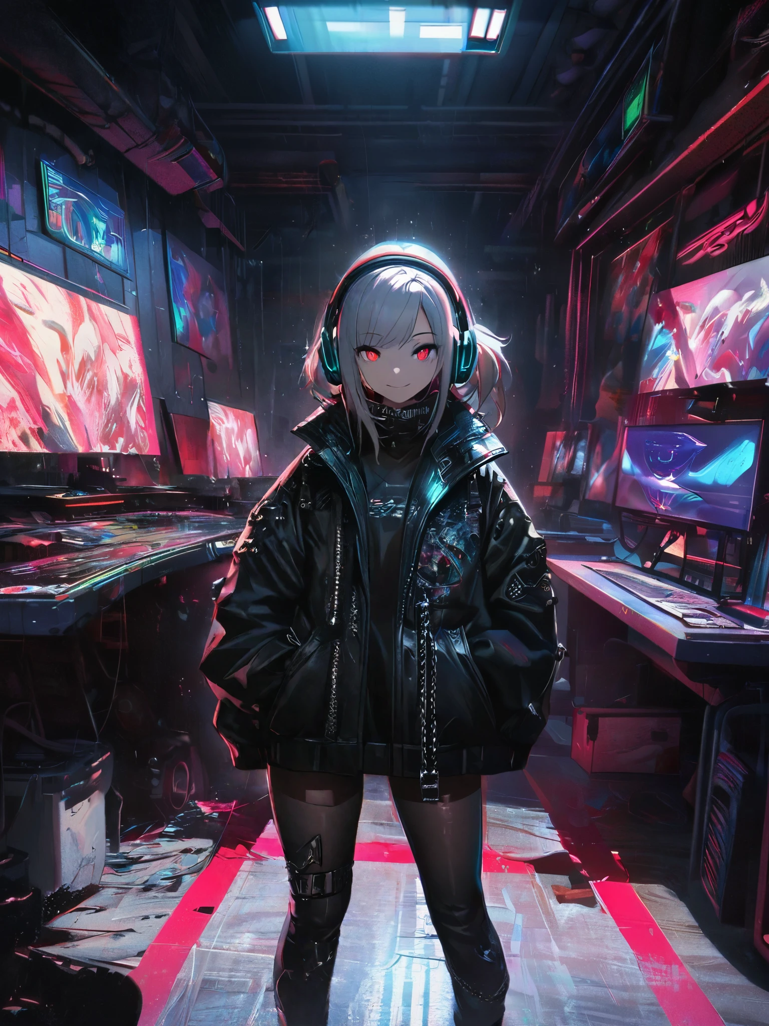 1 girl, chromatic aberration, Written boundary depth, Soft Light, masterpiece, Highest quality, complicated, Tone Mapping, Very detailed, Art Station, Concept Art, Smooth, Clear focus, Dramatic lighting, Very detailed artwork, movie, super practical painting, Art Station's trending, 8k, Incredible Shadows, practical, (Very detailed background:1.0), whole body, View, Viewers, Very detailed portrait of one girl 1, standing on street corner, Heavy rain and lightning、Dark Sky, neon and cyber punk background, she is dressed in punk clothing with silver chains and silver spikes, Her hair was dyed a bright black color.,The middle part is black, She wears headphones, Detailed red eyes with clear pupils, Ominous aura of light, smile, punk, ciber punk, Backlight.、No knowledge of horses'tail、Wear a camisole.素敵なsmile