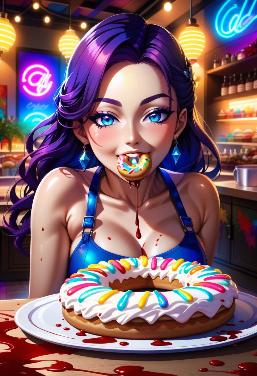 a portrait of a female vampire eating a (bloody donut: 1.3), an exotic exquisite beautiful female vampire, dynamic hair color, wavy hair, dynamic eyes color, (glowing  eyes: 1.1), intense eyes, wearing glamour silk dress, intricate detailed dress, dynamic color dress, dynamic style dress, (eating  a large donut soaked with blood: 1.3), blood dripping from the donut, (cherries: 1.1), (whipped cream: 1.1), dark fantasy pastry shop background,  vibrant, Ultra-high resolution, High Contrast, (masterpiece:1.5), highest quality, Best aesthetics), best details, best quality, highres, 16k, [ultra detailed], masterpiece, best quality, (extremely detailed) RAW, (ultra details, Masterpiece, best quality),   Dark Art Painting Style, Intense gaze, blood, Cinematic Hollywood Film

