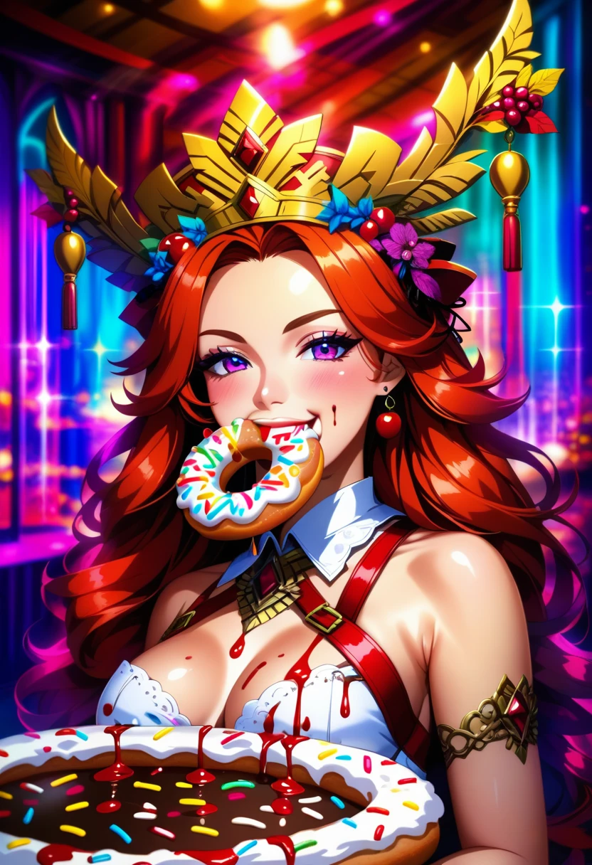 a portrait of a female vampire eating a (bloody donut: 1.3), an exotic exquisite beautiful female vampire, dynamic hair color, wavy hair, dynamic eyes color, (glowing  eyes: 1.1), intense eyes, wearing glamour silk dress, intricate detailed dress, dynamic color dress, dynamic style dress, ((eating  a large donut soaked with blood: 1.3)), (blood dripping: 1.1) from the donut, (cherries: 1.1), (whipped cream: 1.1), dark fantasy pastry shop background,  vibrant, Ultra-high resolution, High Contrast, (masterpiece:1.5), highest quality, Best aesthetics), best details, best quality, highres, 16k, [ultra detailed], masterpiece, best quality, (extremely detailed) RAW, (ultra details, Masterpiece, best quality),   Dark Art Painting Style, Intense gaze, blood, Cinematic Hollywood Film
