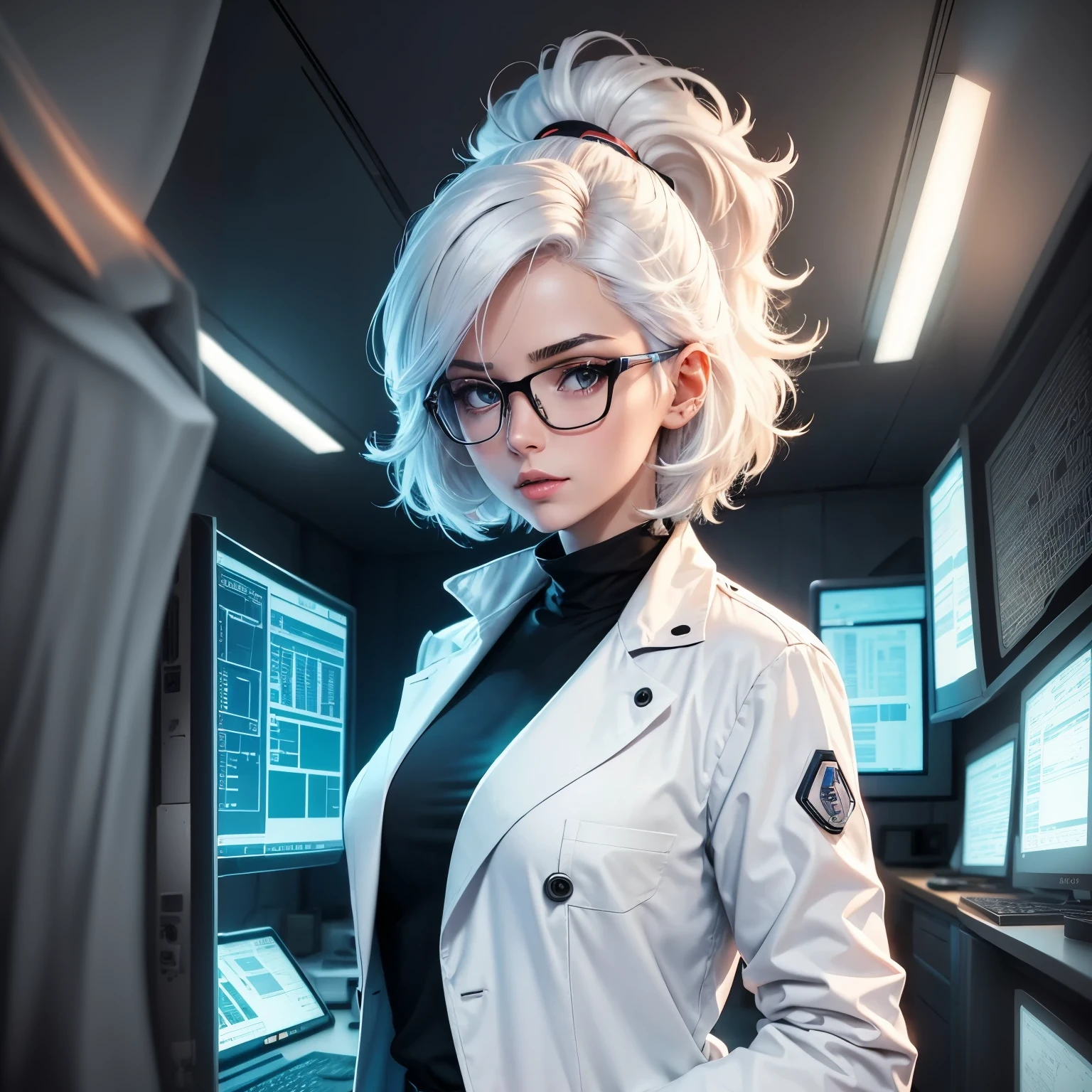 Create a 1980s anime cartoon-style image that shows a young, beautiful, bespectacled woman with white hair. She must be wearing a white coat over a black blouse and be in a technological laboratory. The woman should be surrounded by modern equipment and control panels, closely observing a screen or technological device with an expression of concentration and interest. The laboratory environment should be well-lit and technologically advanced, with elements such as computers, monitors and scientific instruments visible in the background. The lighting should highlight the contrast between the woman's white coat and the technological environment around her, in the vibrant style characteristic of cartoon anime from the 1980s.