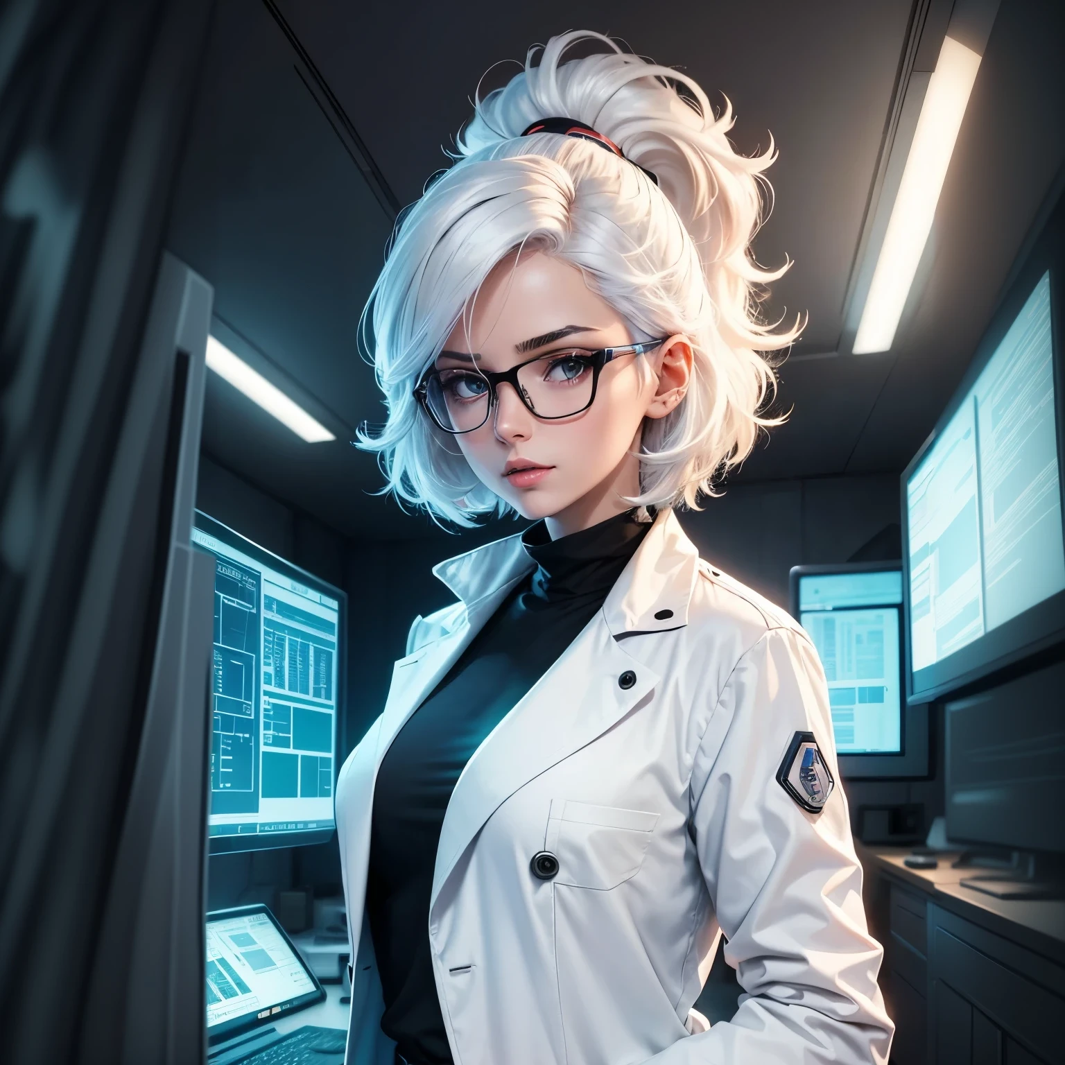 Create a 1980s anime cartoon-style image that shows a young, beautiful, bespectacled woman with white hair. She must be wearing a white coat over a black blouse and be in a technological laboratory. The woman should be surrounded by modern equipment and control panels, closely observing a screen or technological device with an expression of concentration and interest. The laboratory environment should be well-lit and technologically advanced, with elements such as computers, monitors and scientific instruments visible in the background. The lighting should highlight the contrast between the woman's white coat and the technological environment around her, in the vibrant style characteristic of cartoon anime from the 1980s.