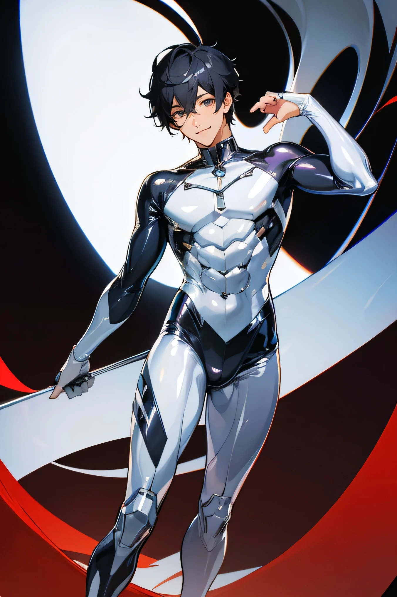 Japanese male handsome model Black Hair Short cut G-I-A-CUT looking at the camera Shiny full-body silver suit Shiny silver latex suit Fierce face Handsome future Metal Body dynamic pose Bright smile Face close-up