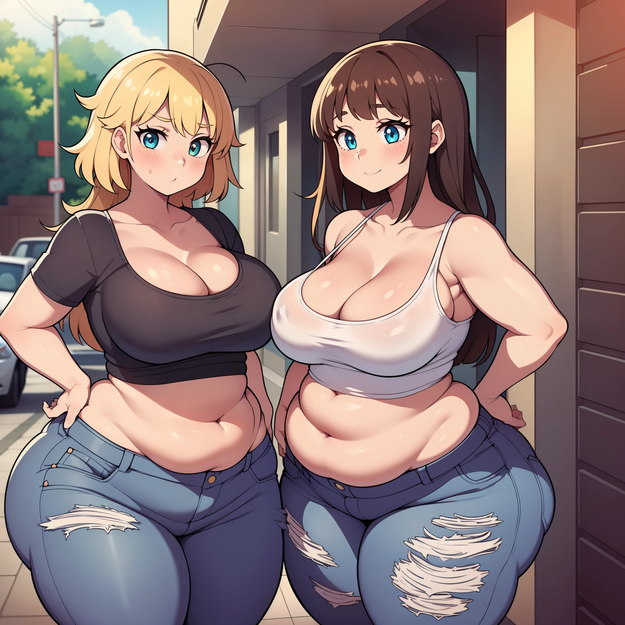 ((highres)), Masterpiece, high quality, best quality, beautiful, perfect lighting, detailed face, ultra cute face, ((2girls)), blush, one girl has blonde hair, blue eyes, crop top and shorts, one girl has brown hair, green eyes, jeans, white shirt, fast food restaurant, cleavage, medium breasts, ((wide hips)), (thick thighs), ((plump)), chubby belly, belly grab, fat folds, standing next to each other, ((belly grab)),