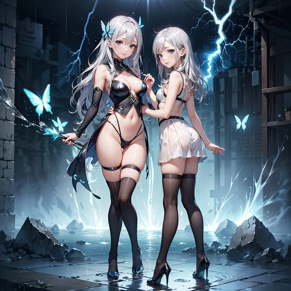 ((Biologically correct limb count)),(( From head to toe,Full-body photo including face)),8k,4K,((Standing position)),masterpiece,((Focus on the face)),((Symmetrical facial features)),Eyes with detailed description,Beautiful woman,Great style,(Small Ass,Thin thighs,(Black Stockings,High heels)),Detailed depiction of the face,(OL,Long Flared Skirt,(rain,Blue lightning strike,splashes rise),((Silver Hair)),Focus on the face,Dripping Water,Fantasy,(See-through clothing),Fluttering skirt,Swallowtail butterflies all around