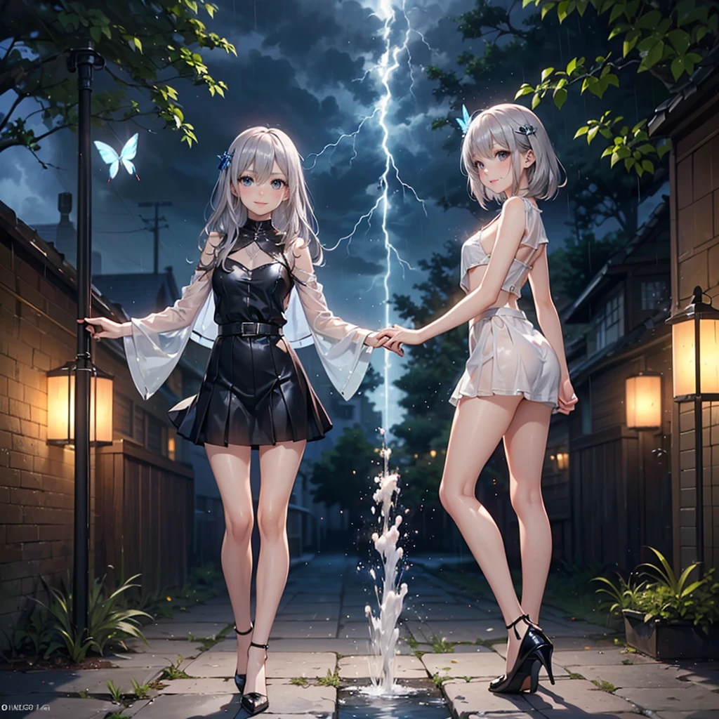 ((Biologically correct limb count)),(( From head to toe,Full-body photo including face)),8k,4K,((Standing position)),masterpiece,((Focus on the face)),((Symmetrical facial features)),Eyes with detailed description,Beautiful woman,Great style,(Small Ass,Thin thighs,(Black Stockings,High heels)),Detailed depiction of the face,(OL,Long Flared Skirt,(rain,Blue lightning strike,splashes rise),((Silver Hair)),Focus on the face,Dripping Water,Fantasy,(See-through clothing),Fluttering skirt,Swallowtail butterflies all around
