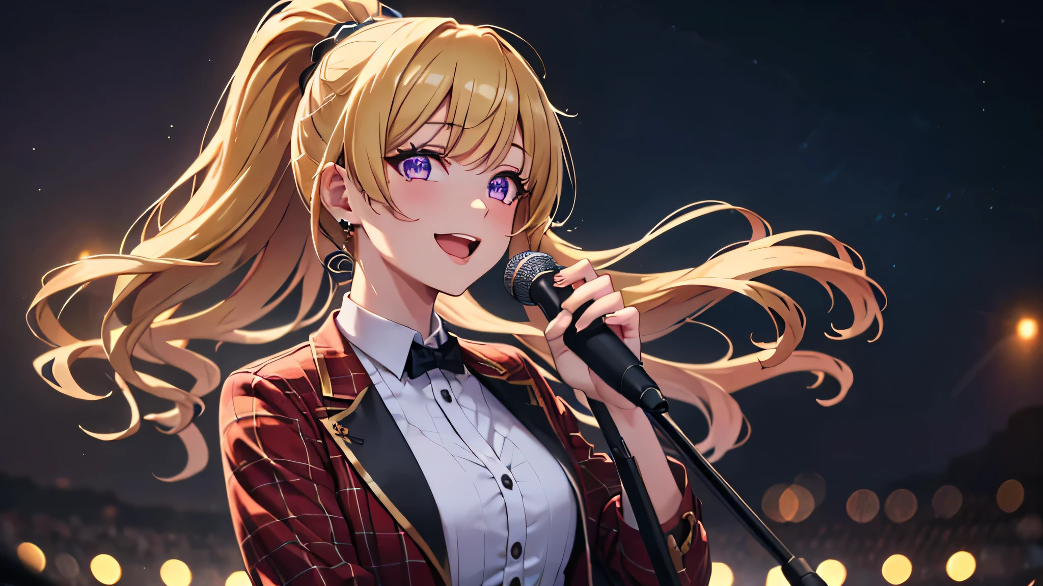 (masterpiece, best quality, absurdres), high quality, highres, ultra detailed, intricate, cinematic lighting, wallpaper, soft lighting, night, night light, cowboy shot, full shot, looking at viewer, beautiful woman, 1 girl, parted lips, kei Karuizawa, blonde hair, bangs, long ponytail , detailed violet eyes, ((Super Realistic Detailed Eyes, glowing eyes)),  singing in stage, stage, idol vibes, idol, singing, mic, holding a mic, mic stand, positive vibes, smile, open mouth, blue and red costume