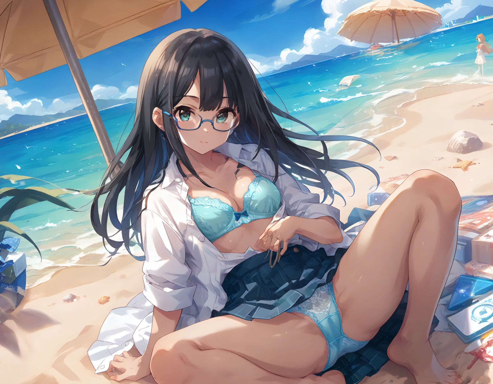 A white shirt with all the buttons fastened、A blue bra is faintly visible through her buttoned up white shirt.、Blue flared skirt、She lifts her skirt to reveal her cute white lace underwear.、Spread your legs、A girl with long, shiny black hair and glasses、barefoot、whole body、Sandy beach and blue sky