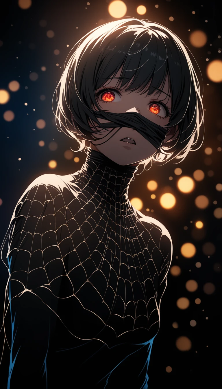 8K, RAW, best quality, masterpiece, ultra high res, colorful, full body portrait, (medium wide shot), (dynamic perspective), sharp focus , (depth of field, bokeh:1.3), extremely detailed eyes and face, beautiful detailed eyes, 
A girl, cocooned, gagged, silk, spider web, struggling, tied up, looking at spider, busty, scared, restrained, bound, straining, short hair, spider wrapping up girl, afraid, gag, afraid, [ethereal], [surreal], [dark fantasy], [nightmarish], [intense], [suspenseful], [ominous], [haunting], [high contrast], [vibrant colors], [dramatic lighting], [sinister], [unsettling], [mysterious], [ephemeral], [enchanting], [intricate], [exquisite], (best quality,4k,8k,highres,masterpiece:1.2), ultra-detailed, [realistic,photorealistic,photo-realistic:1.37], [intense gaze], [web-covered background], [twisted], [mesmerizing].