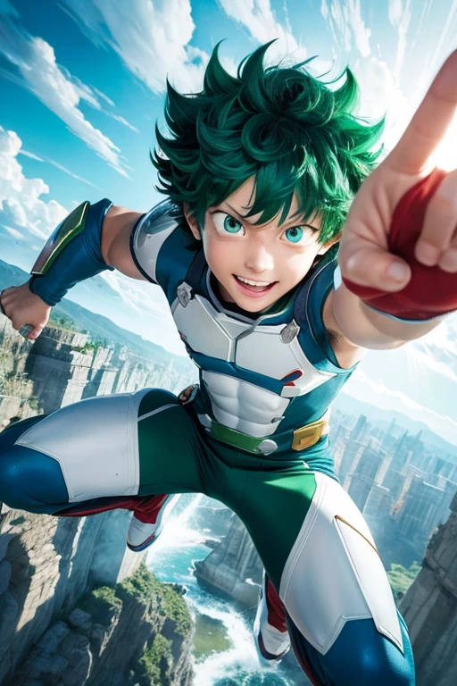 whole body, izuku midoriya, A boy with green hair and blue eyes, Wearing a green and white hero costume, izuku midoriya出自《My Hero Academia》, Cracking sounds around the hands,Ready to fight, Dynamic action poses, Bright blue sky with fluffy clouds in the background, Anime-style illustrations, 4K resolution, Highly detailed official artwork, Spectacular comic aesthetic