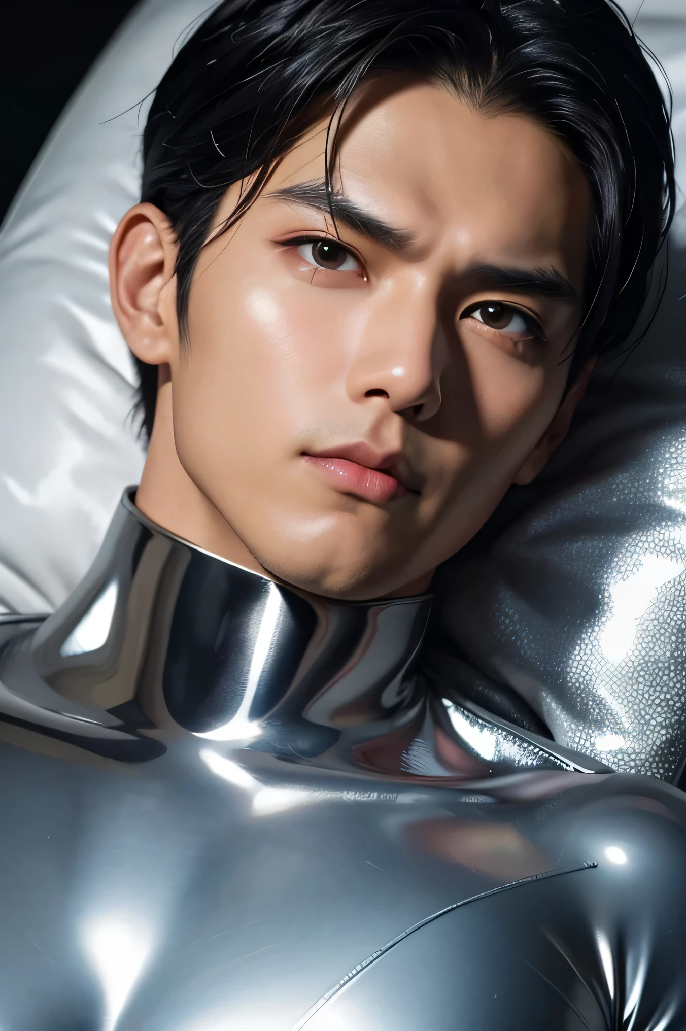 Japanese male handsome model　Black Hair　　Short cut　　G-I-A-CUT　looking at the camera　Shiny full-body silver suit　　　Shiny silver latex suit　　Fierce face　Handsome　　future　Metal Body　　 grim stare　　gaze　Sad expression　Moist eyes　　Face close-up　Close-up of eyes　Chin pillow