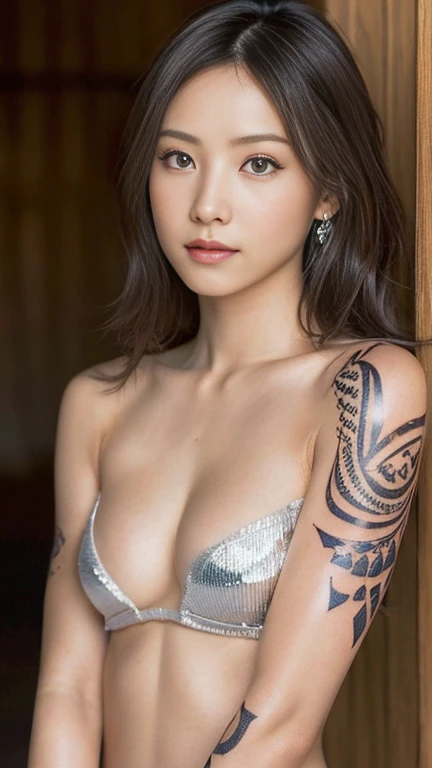 Anime-style woman, thin, thin, whole body, Full of tattoos, Lots of earrings, Beautiful and shiny hair, Rainbow Eyes, Slanted Eyes, Wavy silver hair, Kind and charming, shoulderを露出させる, Delicate and sexy collarbone, Attractive oval face, double eyelid, Pink Lips, Small Nose, Concentrated face, Ultra-high resolution, Very detailed, Graceful posture, Nice, ultra-thin,arm，shoulder，chest，Dark mahogany Samoan tribal tattoo body paint on genitals, Glowing Skin, Realistic Background, sunlight