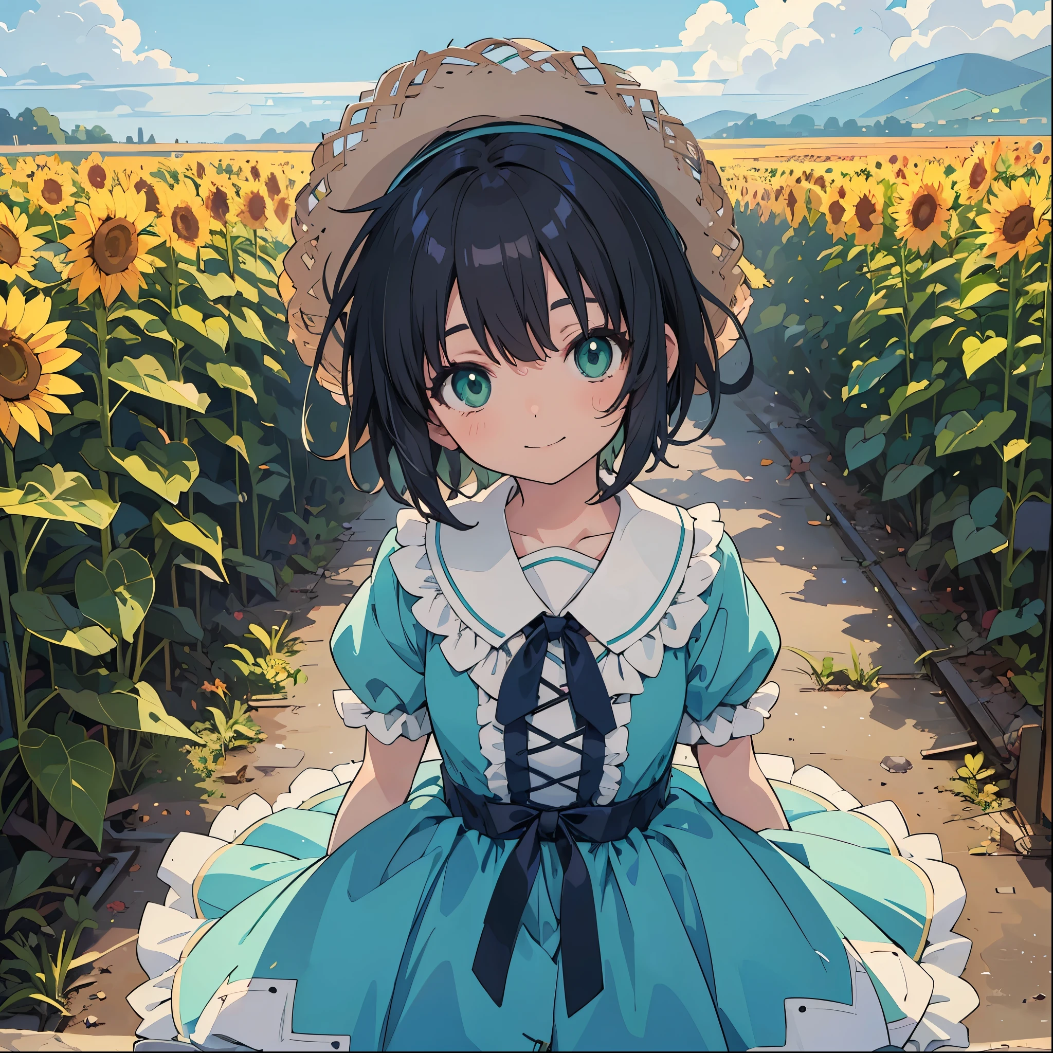 (masterpiece:1.2), (Highest quality:1.2),((Anime Girls)), (Lolita,boyish, 13 years old:1.3),smile, Wink, , Androgynous charm, (Very short hair), ((Black Hair)), Messy Hair, Green Eyes, High resolution detailed hair, Light green dress, Sunflower field,Straw hat, From before,whole body,Gweiz-style artwork, Makoto Shinkai&#39;s art style, lofi portrait, Digital anime art, Makoto Shinkai style, LOFI Girl, Anime-style illustrations, lofi art style, Anime illustration
