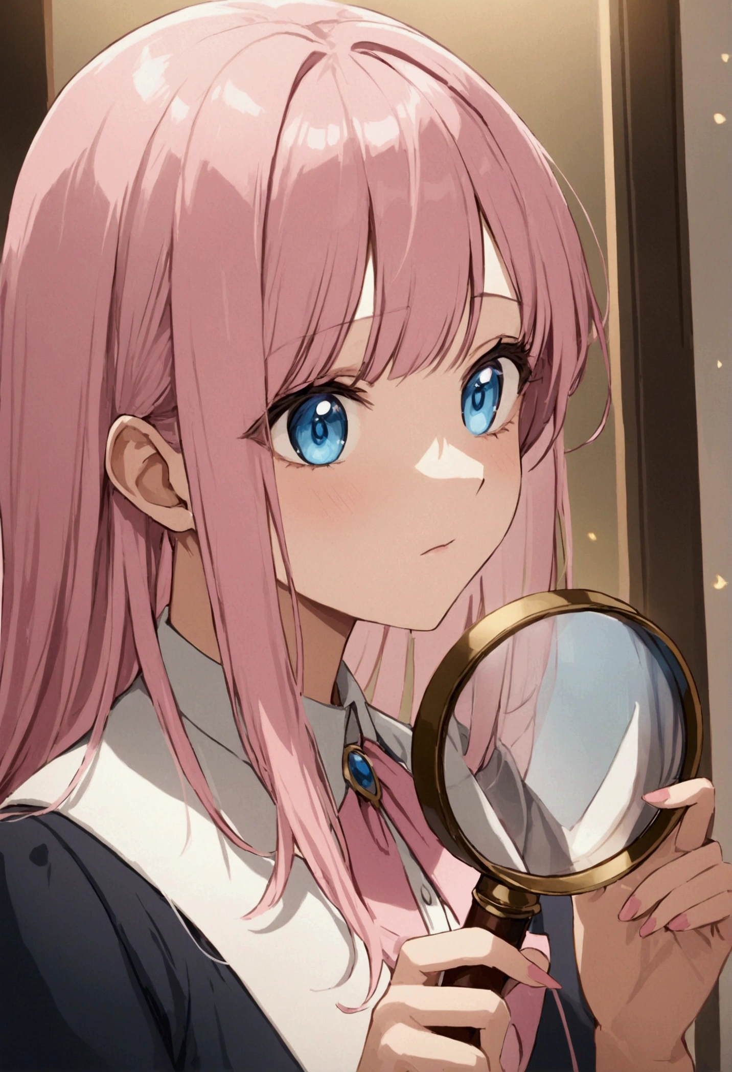 magnifying glass、Appraise、Girl with pink hair、blue eyes、Twin Drill、A scene from a movie