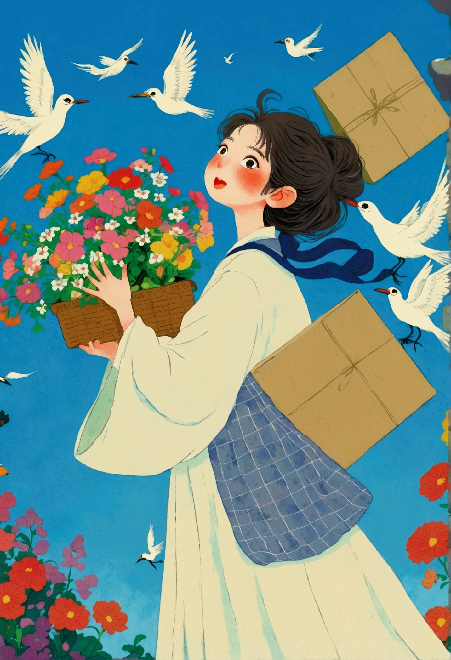 Cartoon girl carrying a box with flowers and birds flying around, Anime Cover, The art style of Dragon King, author：Nobutada Yanagawa, Inspired by Takehisa Yumeji, Ghibli art style, Miyazaki&#39;s style, studio Ghibli art style, Ghost Festival, Ghibli colorful