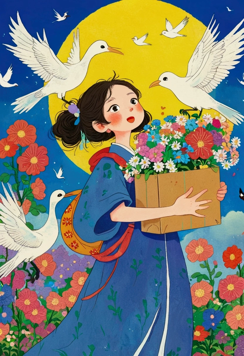 Cartoon girl carrying a box with flowers and birds flying around, Anime Cover, The art style of Dragon King, author：Nobutada Yanagawa, Inspired by Takehisa Yumeji, Ghibli art style, Miyazaki&#39;s style, studio Ghibli art style, Ghost Festival, Ghibli colorful