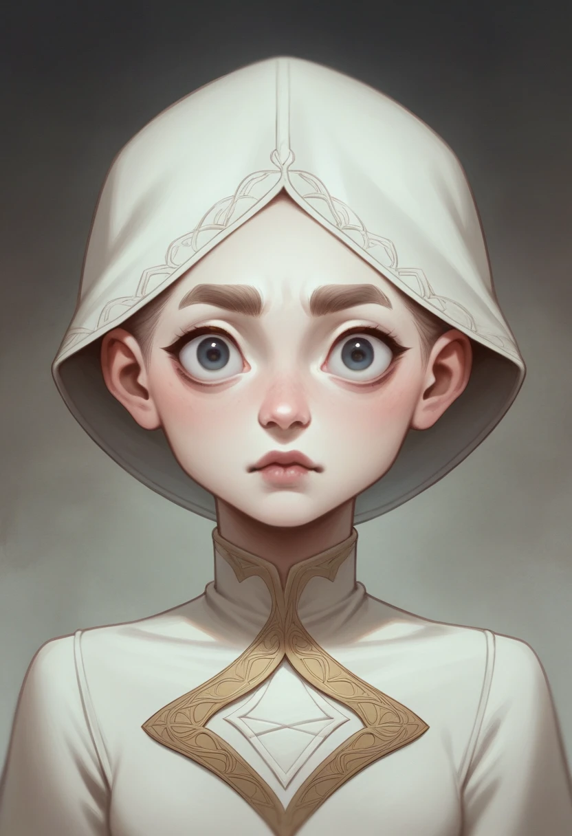 A young 20-year-old girl with refined features, her high cheekbones smoothly merged into a thin jawline, making it slightly pointed. The large eyes, which glowed with an inner light, were almond-shaped and deep in color. Neat brows arched over her eyes. Her thin, slightly upturned nose accentuated the delicacy of her features, and her lips were full and symmetrical, with a soft curve to the upper lip. The ears, elongated and pointed, were in harmony with the overall elven appearance. The skin of her face was perfectly smooth, with a slight glow. Dressed in the clothes of a fantasy traveler