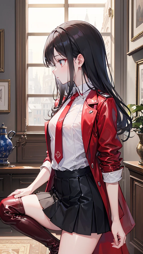 ((Best masterpiece, Perfect quality, Ultra detailed)), ((Profile)), A skinny slender girl with small bust, Wearing a red leather med-coat, Wearing a white y-shirt with red tie, Wearing a gathered black fabric skirt, Wearing a black leather over-knee long-boots, Antique world, European interior