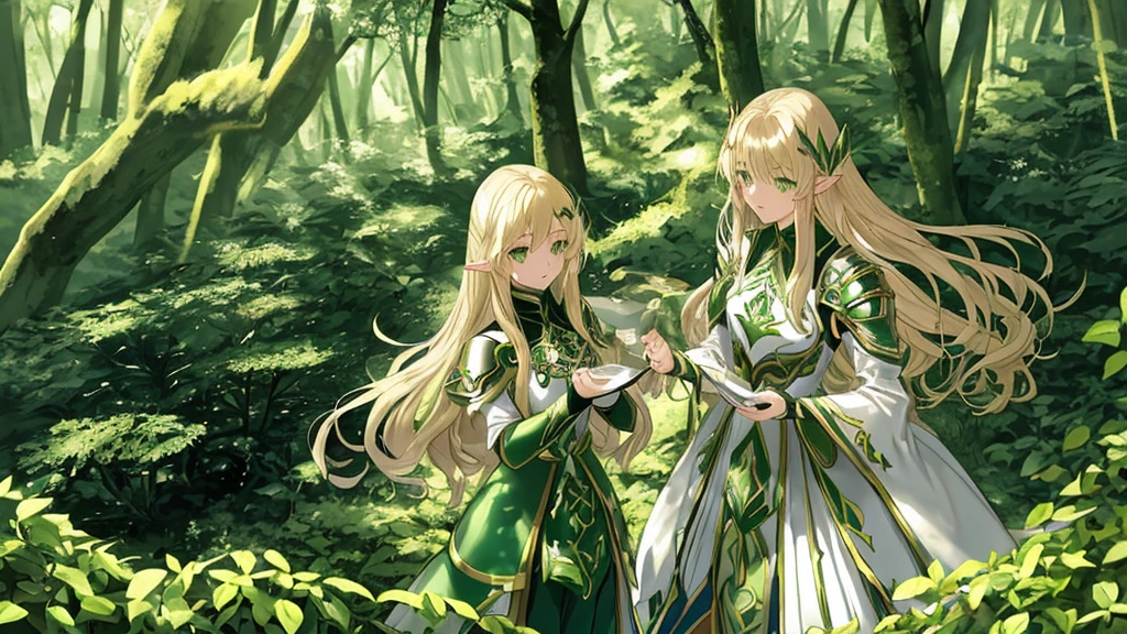one beautiful elf woman with light blonde long hair and beautiful green eyes in Ryô Mizuno style, in a forest, high elf very beautiful armor