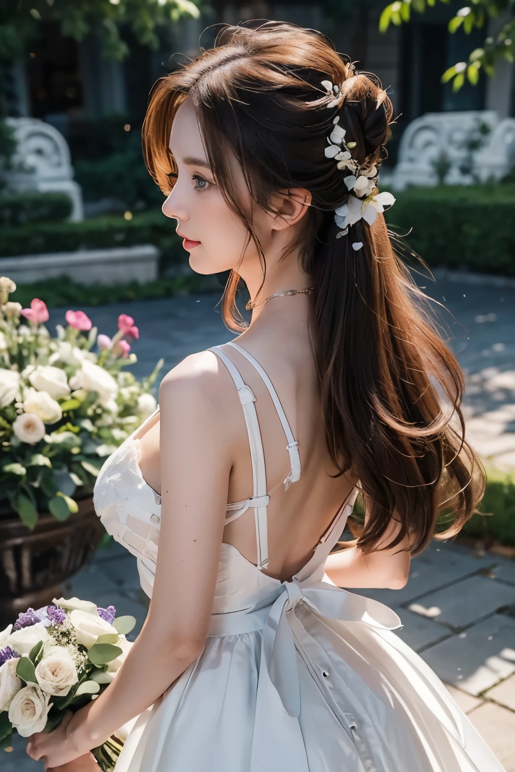22 year old woman with big red eyes, long light brown hair bun, Wearing a white wedding dress with purple flowers on the side, back, reopen, Look back while walking
