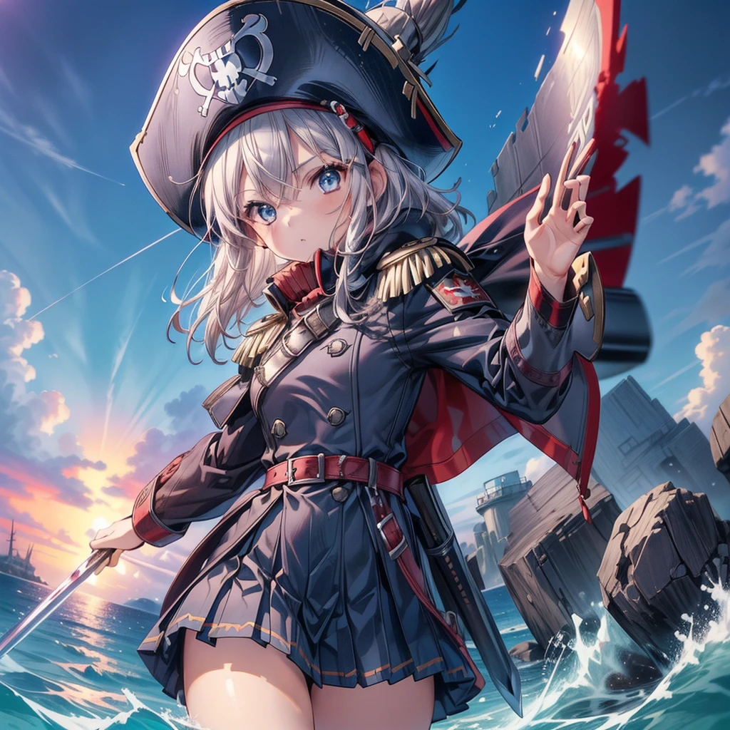 1girl,captain、Viking hat、pirate、On board、(((Highest quality、Masterpiece、Official Art、Super detailed、The best dynamic composition)))、Anime Style、Short grey hair、Black and red coat、Pleated mini skirt、Cowboy Shot、Ready your sword、blue sea、🌊、