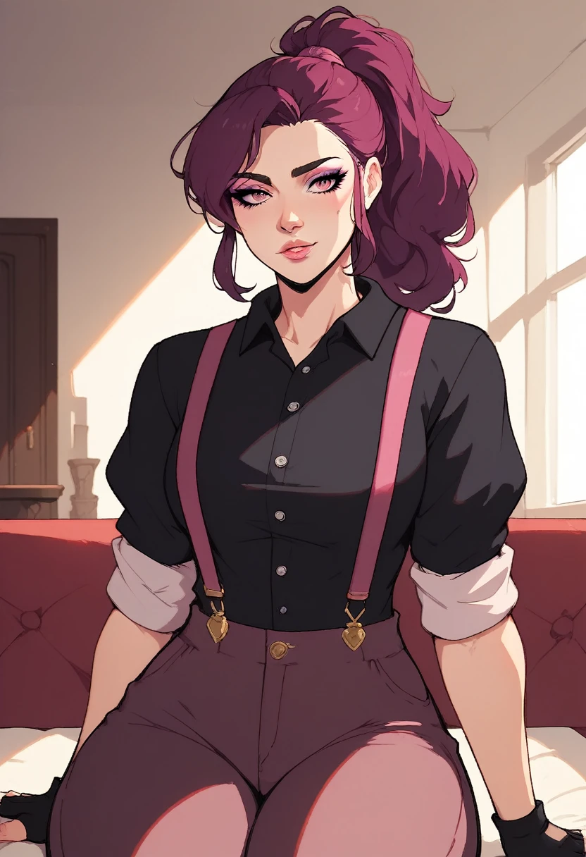 (score_9, score_8_up, score_7_up), (adult), close up, relaxed sitting, wide hips, muscular, black collared shirt, rolled sleeves, suspenders, fingerless gloves, single-legged pants, pink lipstick, magenta eyes, magenta long ponytail, eyeshadow, bangs, indoors, lounge, indoors, medieval interior, shadow, soft lighting, source_anime, rating_explicit,