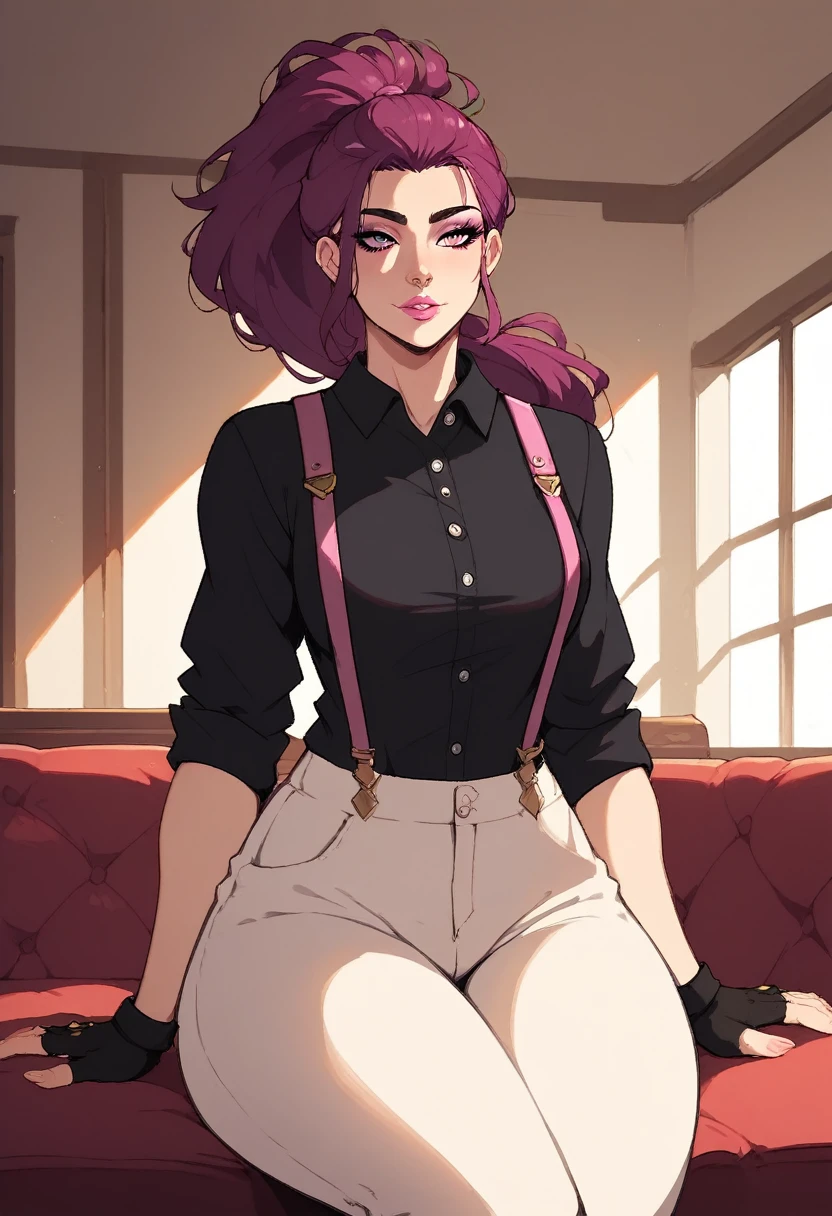 (score_9, score_8_up, score_7_up), (adult), close up, relaxed sitting, wide hips, muscular, black collared shirt, rolled sleeves, suspenders, fingerless gloves, single-legged pants, pink lipstick, magenta eyes, magenta long ponytail, eyeshadow, bangs, indoors, lounge, indoors, medieval interior, shadow, soft lighting, source_anime, rating_explicit,