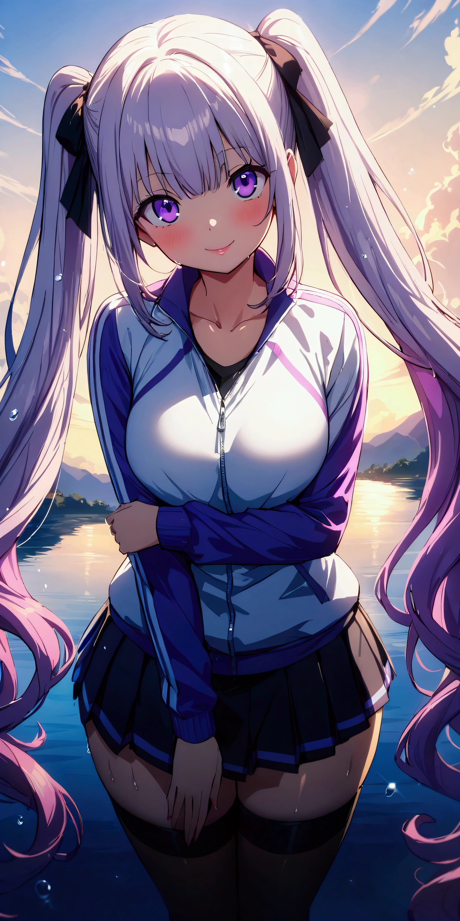 (Highest quality:1.2, 4K, 8k, Studio Anime, Very detailed, up to date, Vibrant, Attention to detail, High Contrast, masterpiece:1.2, Highest quality, Best aesthetics), (((1 girl))), ((Hair color is light purple)),(Twin tails&Straight hair)、Large, round eyes, smile, (beautiful girl: 1.3), Looks about 15 years old、(Pleated skirt), (Track jacket 1.2), (((zettai ryouiki)))Rear view、night、Riverside、Wet、Focus on the very big things, Round and beautifully shaped butt,smile、Dynamic Angle, look up:1.3, Friendly atmosphere, Beautiful Hair, Shiny Hair, Beautiful Skin, Detailed face and eyes, Glossy Lips, Curvy Women, Striking contrast,(((skirt lift)))