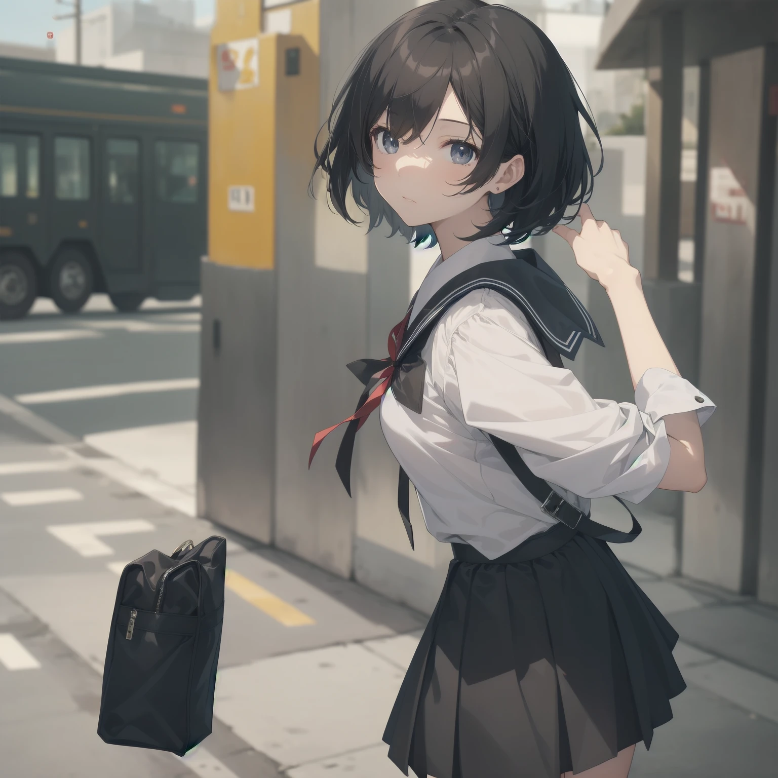 ultra-absurdres-Top quality by artist God, ultra-detailed, high resolution, anime moe artstyle, best anime 8k konachan wallpaper, pixiv contest winner, pool:2810, perfect anatomy,break, 1girl, (Please draw a girl walking sleepily to school alone. )break,(Solo,little female, 13-year-old:1.3),Full limbs, complete fingers,a junior high school student, (very short hair), short cut, flat chest, , small butt, small black eyes, beautiful detailed eyes, well-proportioned iris and pupils, expressive eyes, highres detailed hair, soft expression, salor school_uniform, sailor collar, serahuku, bow, pleated skirt,(Detailed Lighting), (Detailed background), in the School commute route. break,super detailed skin, Best cinematic lighting powered by famous artist, 8k,beauty illustration,photoshop_(medium),very aesthetic,break,((artist:horosuke )), artist:clamp ,artist:carnelian ,artist:kantoku ,