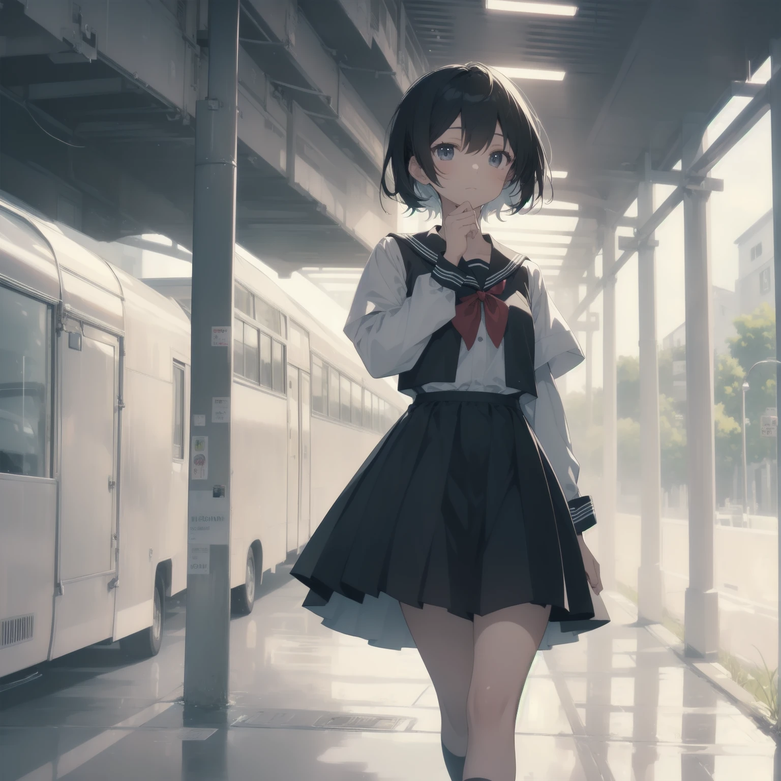 ultra-absurdres-Top quality by artist God, ultra-detailed, high resolution, anime moe artstyle, best anime 8k konachan wallpaper, pixiv contest winner, pool:2810, perfect anatomy,break, 1girl, (Please draw a girl walking sleepily to school alone. )break,(Solo,little female, 13-year-old:1.3),Full limbs, complete fingers,a junior high school student, (very short hair), short cut, flat chest, , small butt, small black eyes, beautiful detailed eyes, well-proportioned iris and pupils, expressive eyes, highres detailed hair, soft expression, salor school_uniform, sailor collar, serahuku, bow, pleated skirt,(Detailed Lighting), (Detailed background), in the School commute route. break,super detailed skin, Best cinematic lighting powered by famous artist, 8k,beauty illustration,photoshop_(medium),very aesthetic,break,((artist:horosuke )), artist:clamp ,artist:carnelian ,artist:kantoku ,