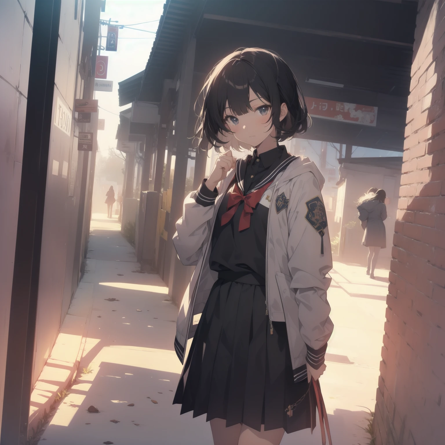 ultra-absurdres-Top quality by artist God, ultra-detailed, high resolution, anime moe artstyle, best anime 8k konachan wallpaper, pixiv contest winner, pool:2810, perfect anatomy,break, 1girl, (Please draw a girl walking sleepily to school alone. )break,(Solo,little female, 13-year-old:1.3),Full limbs, complete fingers,a junior high school student, (very short hair), short cut, flat chest, , small butt, small black eyes, beautiful detailed eyes, well-proportioned iris and pupils, expressive eyes, highres detailed hair, soft expression, salor school_uniform, sailor collar, serahuku, bow, pleated skirt,(Detailed Lighting), (Detailed background), in the School commute route. break,super detailed skin, Best cinematic lighting powered by famous artist, 8k,beauty illustration,photoshop_(medium),very aesthetic,break,((artist:horosuke )), artist:clamp ,artist:carnelian ,artist:kantoku ,
