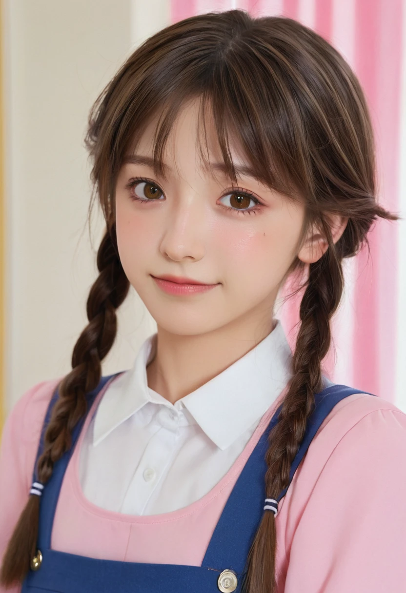 {{Girl, bule}}, Looking at the audience, Hazel eyes, Extremely detailed, Brown hair, Pink clothes, Bully, Impolite girl, Strong Girl, girl, Bruising, scar, Happy, best quality, high quality, Extremely detailed anime screencap, whole body