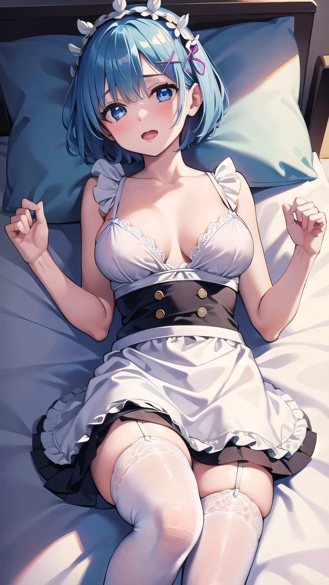 BREAK looking at viewer,BREAK (masterpiece:1.2), best quality, high resolution, unity 8k wallpaper, (illustration:0.8), (beautiful detailed eyes:1.6), extremely detailed face, perfect lighting, extremely detailed CG, (perfect hands, perfect anatomy),bedroom,windows,night,soft light,rem, blue eyes, blue hair, hair ornament, hair over one eye, hair ribbon, short hair, x hair ornament
apron,flower, head wreath, maid,short hair, skirt, thighhighs, waist apron, white apron, white thighhighs,blue hair,upskirt,showing panties,wet panties,shy face,open mouth,nipples see through,nipples,lie on back,lie in bed,sexy lingerie,white lingerie,white bra,lace bra,transparent lingerie,from above.