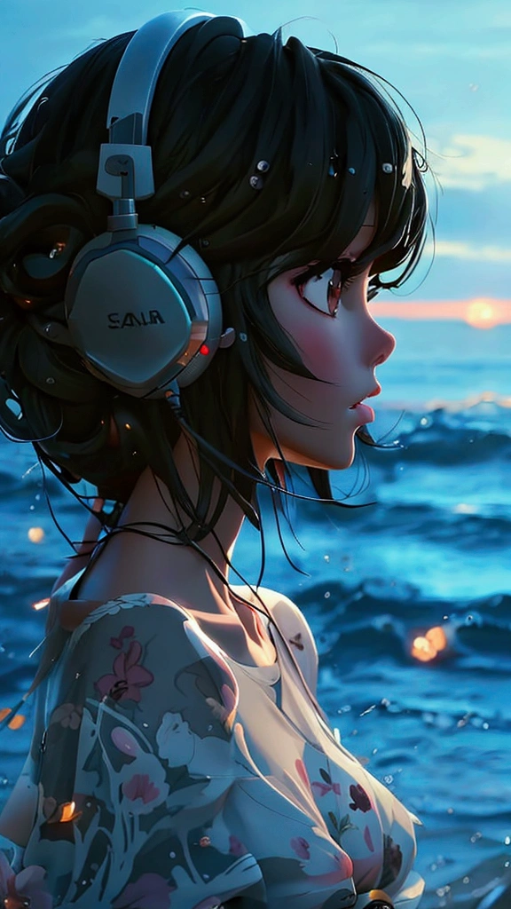 Sea view at night、anime、, Black Hair、,  Highest quality, headphone、ponytail, One girl, 