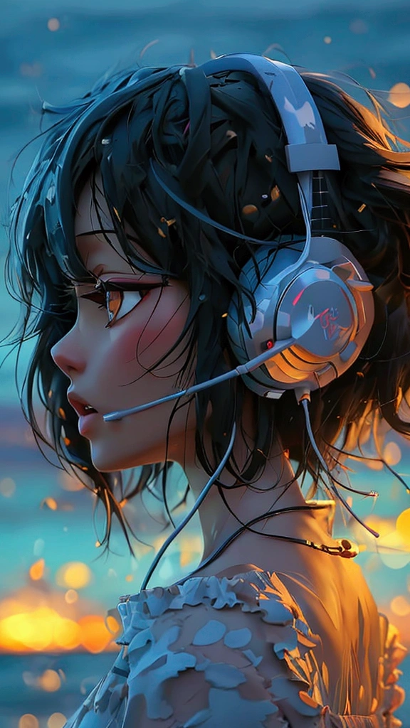 Sea view at night、anime、, Black Hair、, Highest quality, headphone、ponytail, One girl,
