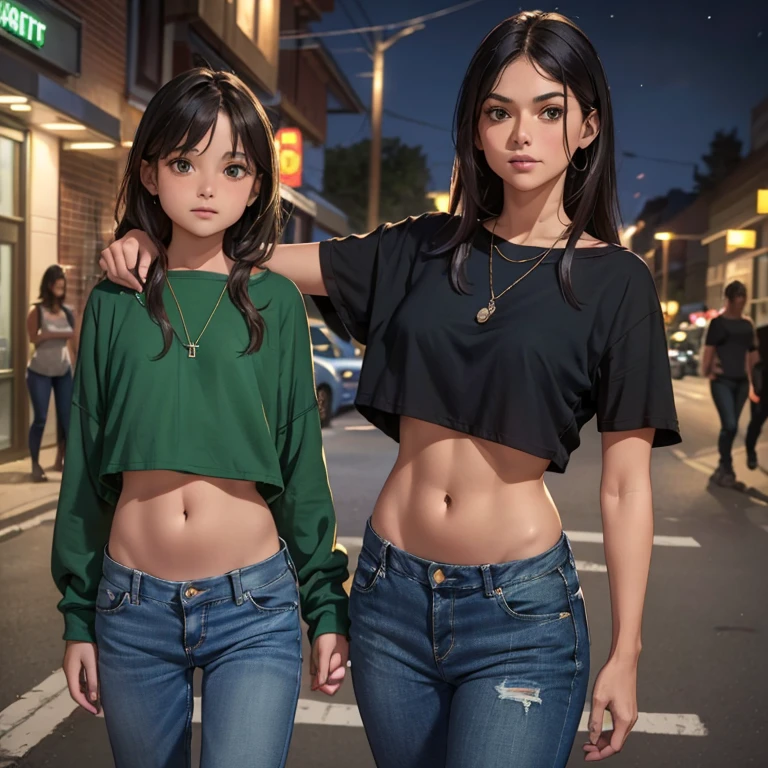 ((In the night)), Woman wearing a green crop top, blue jeans, 50 years old, ((( protecting her 9  daughter))) ,in the street , Show navel, Realistic navel shape, Very low waisted pants , Beautiful stomach, ((fear)), (getting robbed)