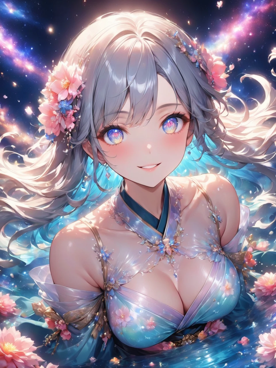 Highest quality, Highest quality, 16K, Unbelievably absurd, Very detailed, 2.5D, delicate and dynamic, universe space, water surface,Brightly colored coral, Small faint lights and flying fireflies, night, Flowers, Very delicate look, Delicate eye depiction, Upper body close-up, smile, dynamic sexy pose, Only sexy women, View your viewers,Healthy body shape, 22-year-old woman, Aristocratic women, height: 170cm, big, Hard, Swaying bust, Colorful floral ornaments, Crystal translucent kimono, Wrap the whole body in a translucent cloth, A complex structure of kimono, Colorful patterned kimono, A dress with a pattern of cherry blossoms, birds and Mt. Fuji. A dress that floats in water.,