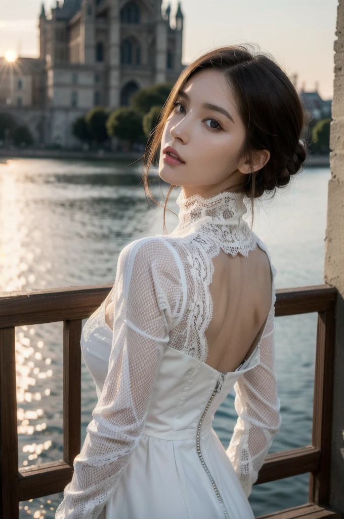 (RAW, best quality:1.3, masterpiece:1.3), (realistic, photo realistic:1.2),ultra high res, UHD, 8k, absurdres, (realistic skin, Detailed shiny skin), (best shadow), (normal physical expression, perfect anatomy:1.7), (cinematic lighting), Moist eyes, Moist lips,
break
(1girl, solo), medium breasts ,long hair, silver hair, blue eyes,(High neck lace shoulder mesh dress),middle ages,France,sunset ,living ,
looking at viewer,wide shot ,from behind,