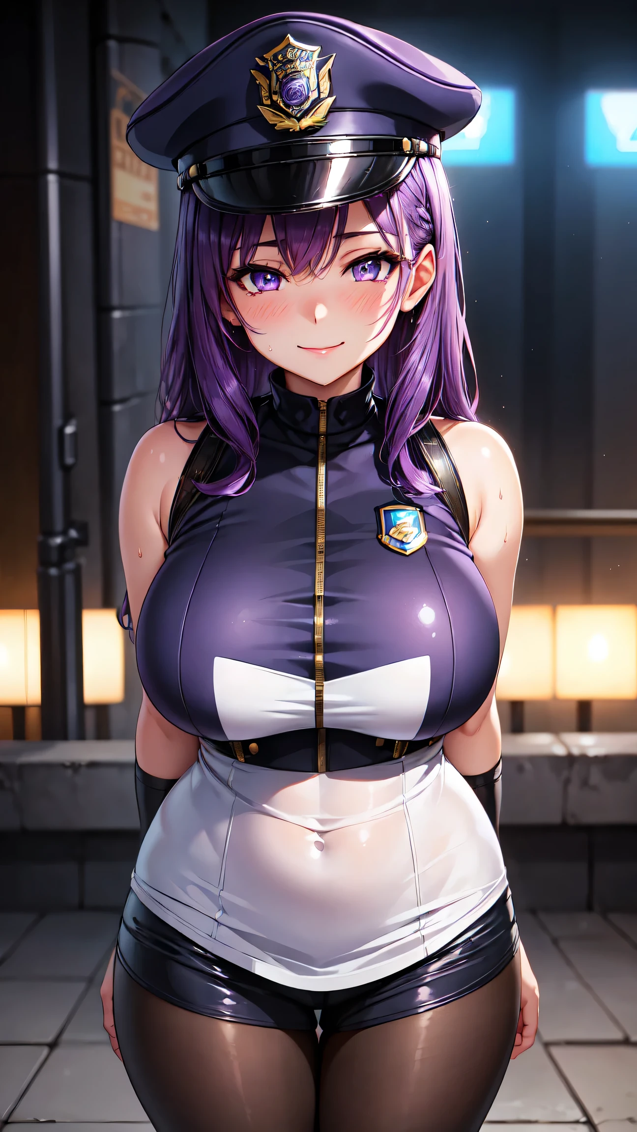 (High quality, High resolution, Fine details), Alley, Police Clothing, Police Hats, solo, curvy adult women, purple hair, sparkling eyes, (Detailed eyes:1.2), smile, blush, Sweat, Oily skin, Soft tones, shallow depth of field