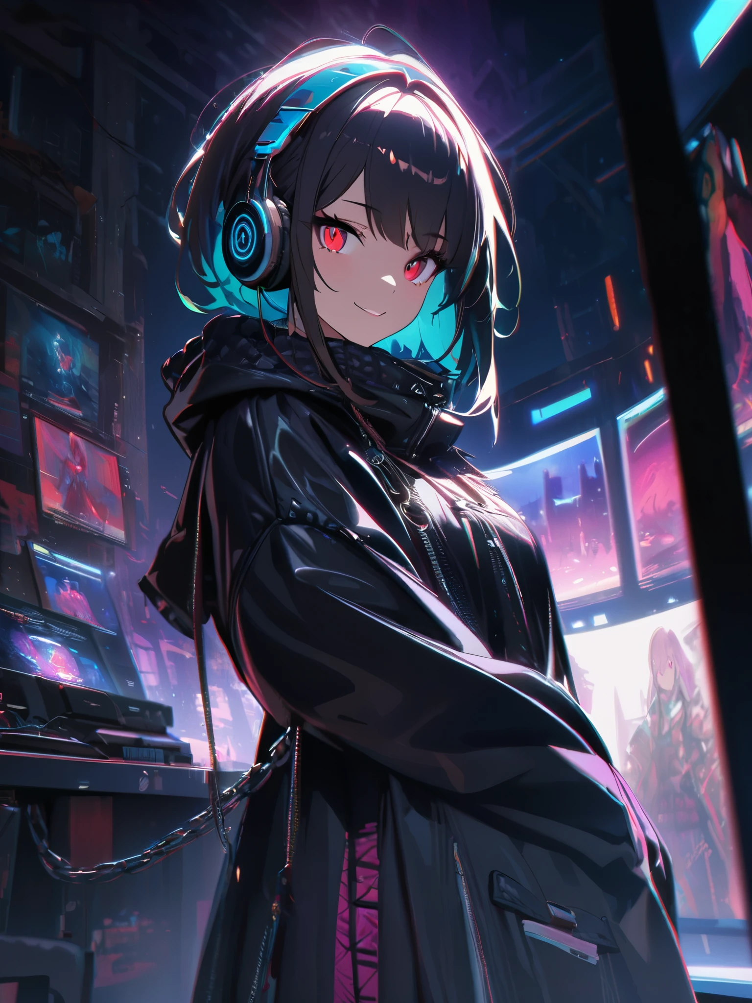 1 girl, chromatic aberration, Written boundary depth, Soft Light, masterpiece, Highest quality, complicated, Tone Mapping, Very detailed, Art Station, Concept Art, Smooth, Clear focus, Dramatic lighting, Very detailed artwork, movie, super practical painting, Art Station's trending, 8k, Incredible Shadows, practical, (Very detailed background:1.0), whole body, View, Viewers, Very detailed portrait of one girl 1, standing on street corner, Heavy rain and lightning、Dark Sky, neon and cyber punk background, she is dressed in punk clothing with silver chains and silver spikes, Her hair was dyed a bright black color.,The middle part is black, She wears headphones, Detailed red eyes with clear pupils, Ominous aura of light, smile, punk, ciber punk, Backlight.Her hair is neatly tied up.、Announcer talking about horses'tail、smileが素敵