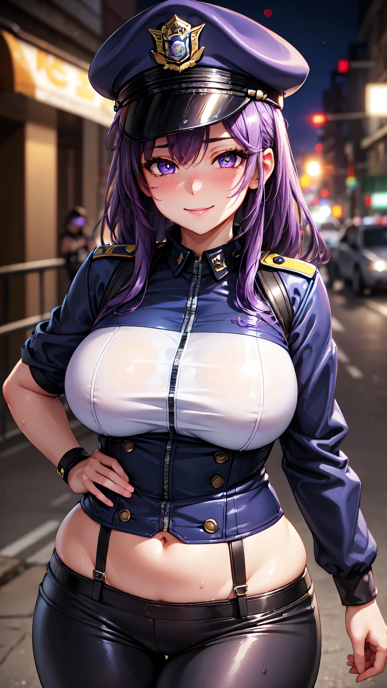 (High quality, High resolution, Fine details), Alley, Police Clothing, Police Hats, solo, curvy adult women, purple hair, sparkling eyes, (Detailed eyes:1.2), smile, blush, Sweat, Oily skin, Soft tones, shallow depth of field