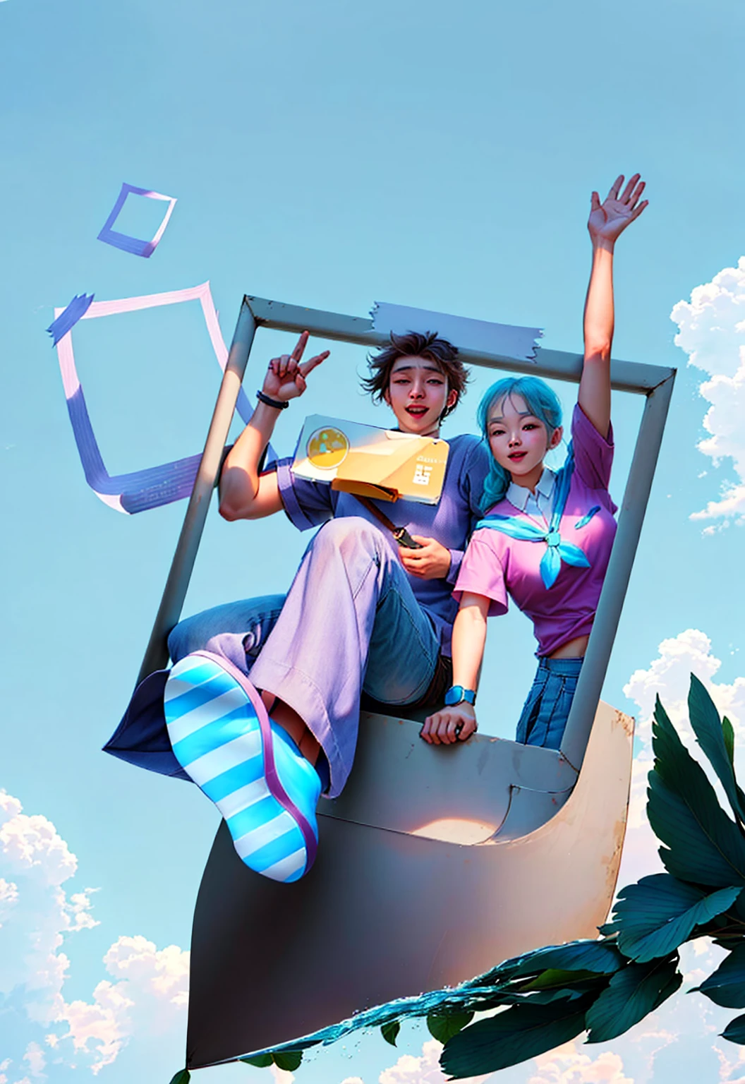 一男一女在photo里, photo，Broken frame design，Paper,Selfie stick，cell phone，posture(Raise a hand + Happy),Real People，Realistic style，Best picture quality，Exquisite facial features，Sky background，(Clean background:1.6),Blue sky，Floating state，float