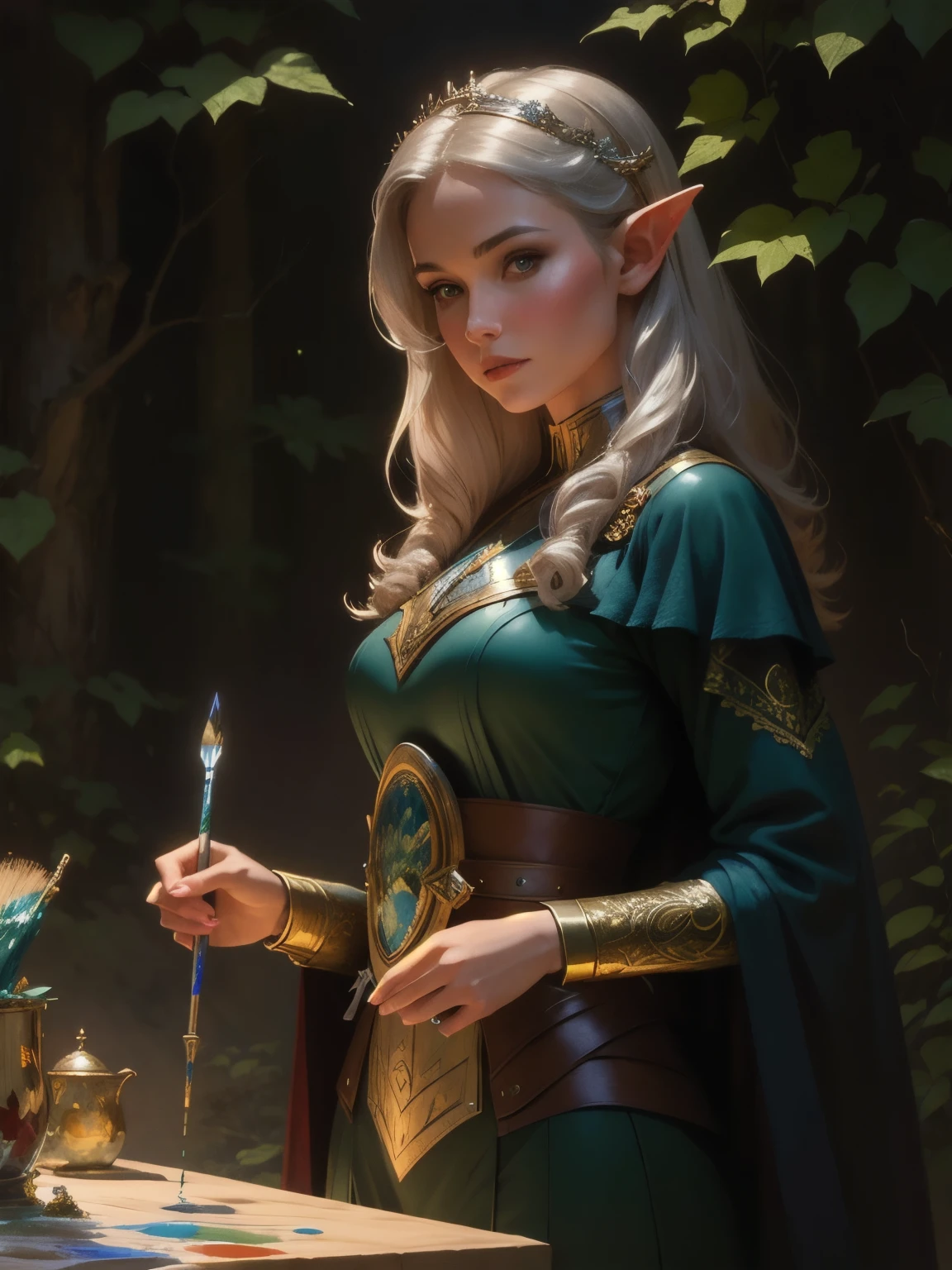 (masterpiece, best quality:1.2), (((paint))), 1girl, solo,  (masterpiece, ultra quality, high resolution, 8k, intricate: 1.2). female elf, looking at viewer, flowizng cloths and silver amor, the silent forested, mysterious, fantasy art, Donato Giancola, craig mullins, parth, masterful strokes legendary, high detail, masterpiece, detailed face, super detail, high details, high quality, award winning, best quality