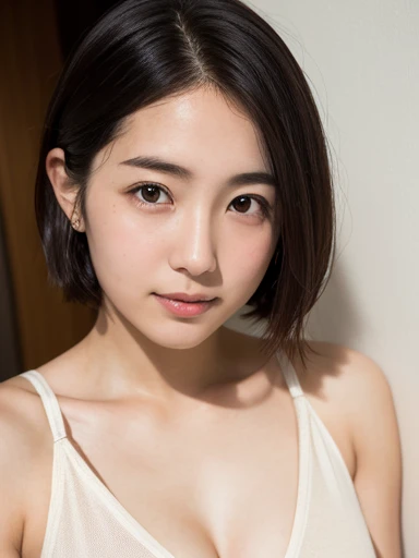 White hotel room、18-year-old female、Realistic Skin、((Dark Eyes))、A faint smile、Medium Short Hair、Beige tops、Yoshitomo Nara, shikamimi, Chiho, mayuri shiina, A real young gravure idol, beast, , Kotegawa Yui, 8k、narumi kakinouchi