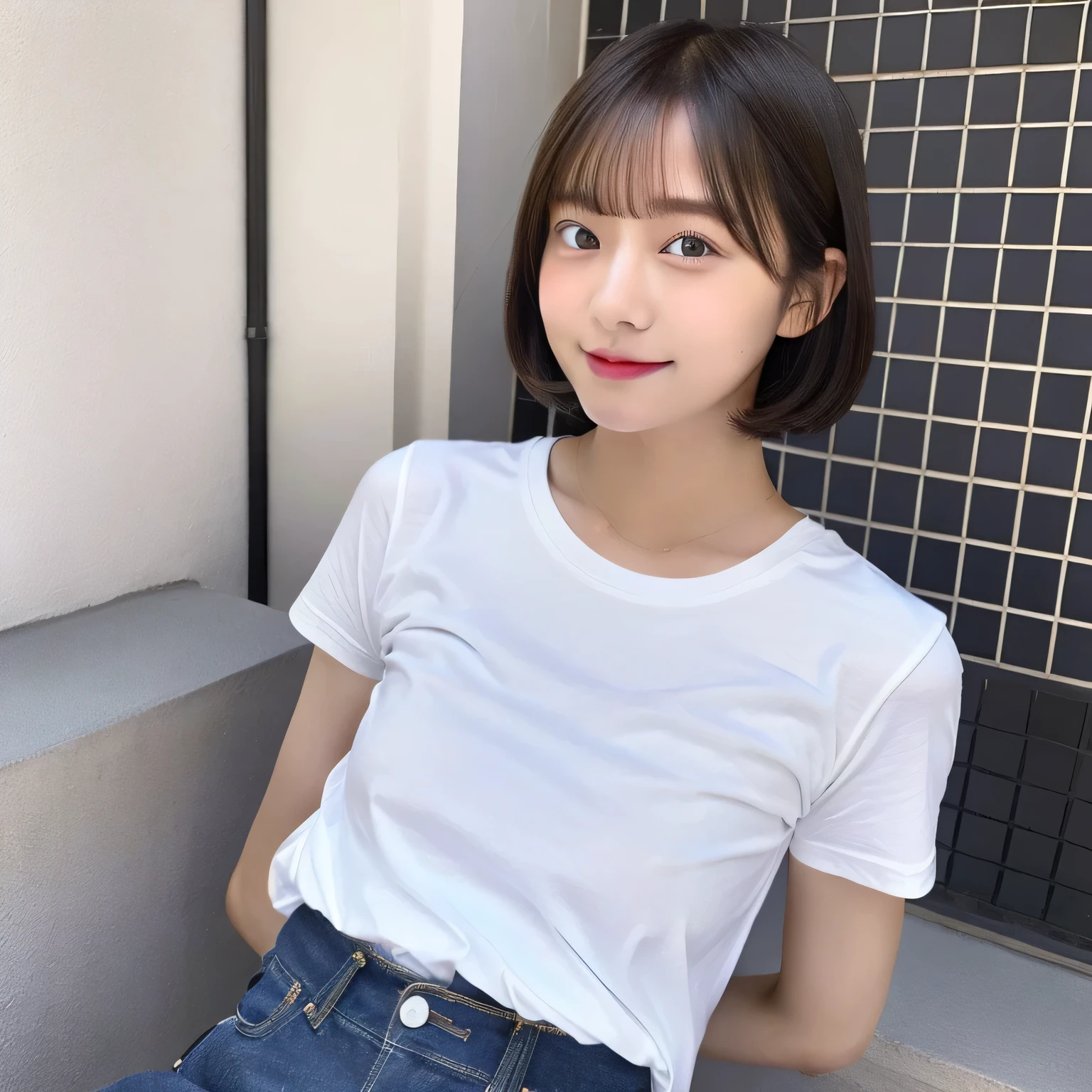 short hair、Beautiful school girl、White T-shirt、Nipples are visible through the、Nipples are visible、Denim pantasterpiece、