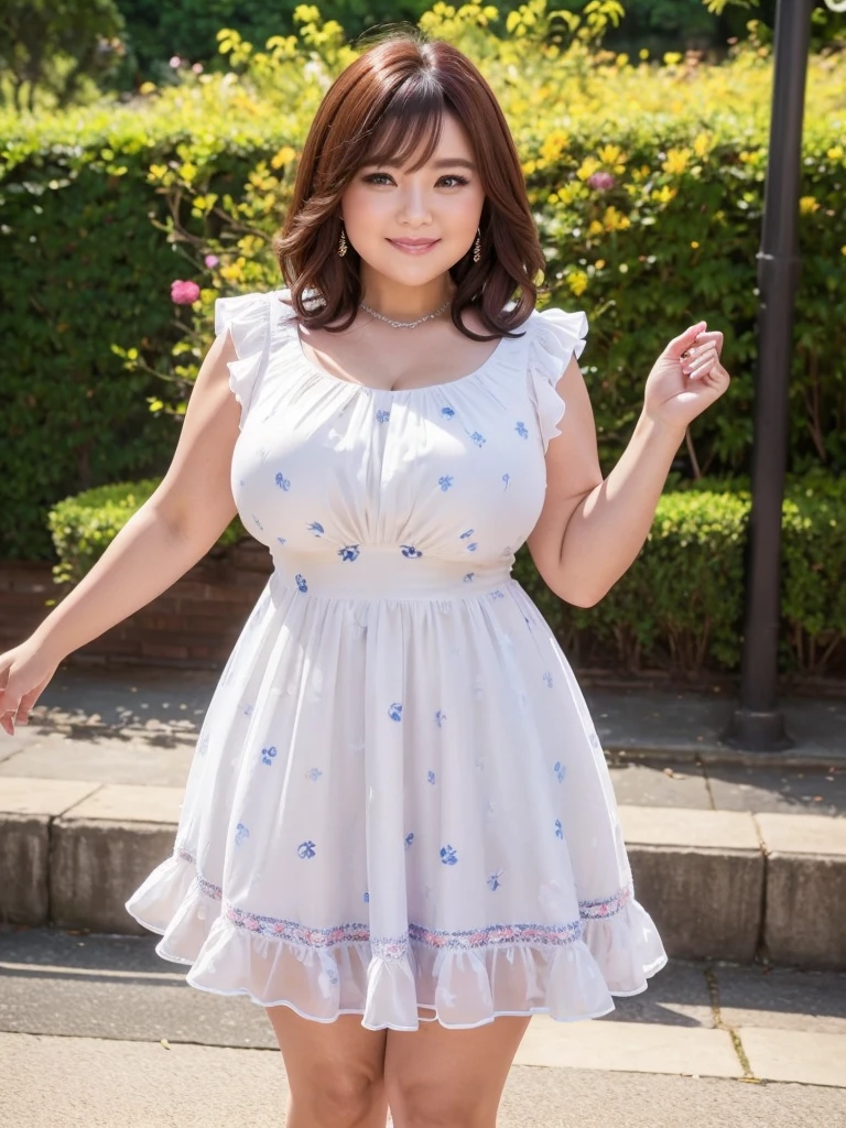 A beautiful and hot almost chubby mature woman.who is wearing a patterned short dress and is and standing in the park. A smiling face、Sexy woman、A radiant smile、adorable、race、Frills、Colorful design、Full-length mirror、An inviting gaze、Gorgeous long and beautiful hairstyle、variation Hairstyle、Open neck blouse、Flower Garden、Sparkling、elegant princess、Smooth Hair、Character portrait, A neat and clean woman、(((Mature dress)))