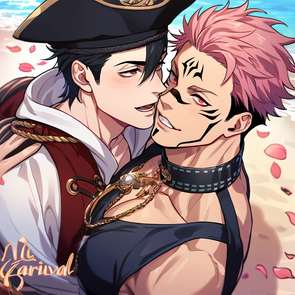 absurdres, highres, ultra detailed, HDR, master piece, best quality, Ryoumen Sukuna, pink hair, expressive red eyes, Jujutsu Kaisen, Quincy, black hair, hair between the eyes, expressive red eyes, two sexy men together, yaoi, gay couple, handsome, horny, black hat, fantasy black pirate clothes, accessories, showing the chest, beach, sea, petals, flowers, Nu Carnival