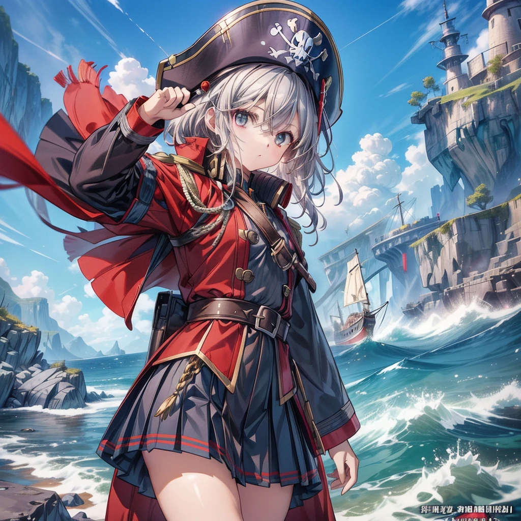 1girl,captain、Viking hat、pirate、On board、(((Highest quality、Masterpiece、Official Art、Super detailed、The best dynamic composition)))、Anime Style、Short grey hair、Black and red coat、Pleated mini skirt、Cowboy Shot、Ready your sword、blue sea、🌊、