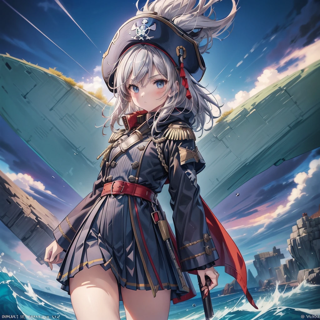 1girl,captain、Viking hat、pirate、On board、(((Highest quality、Masterpiece、Official Art、Super detailed、The best dynamic composition)))、Anime Style、Short grey hair、Black and red coat、Pleated mini skirt、Cowboy Shot、Ready your sword、blue sea、🌊、